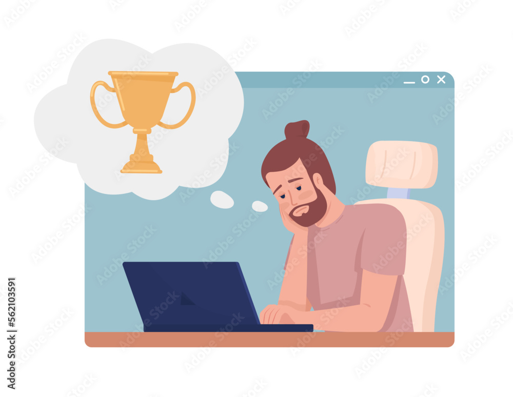 Daydreaming about success 2D vector isolated illustration. Male developer fantasizing about achievements flat character on cartoon background. Colorful editable scene for mobile, website, presentation Daydreaming about success 2D vector isolated illustration. Male developer fantasizing about achievements flat character on cartoon background. Colorful editable scene for mobile, website, presentation