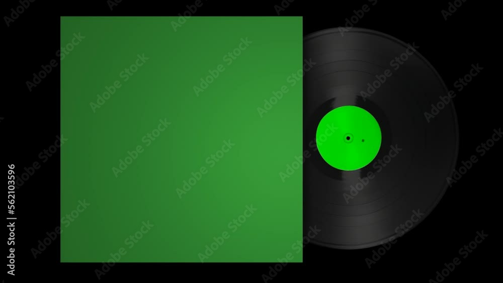 A vinyl record spinning half out of an album cover. Green screen to key out and place your own artwork. Transparent Background