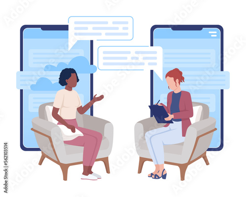 Online psychological session flat concept vector illustration. Consultation with therapist. Editable 2D cartoon characters on white for web design. Creative idea for website, mobile, presentation