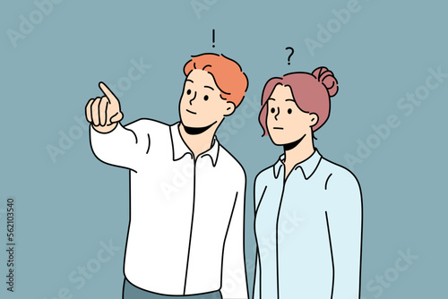 Young male employee help confused coworker with problem solution. Man worker brainstorm lead frustrated woman colleague with trouble. Vector illustration. 