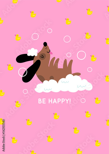 Cute cartoon dog Happy Grooming. Pet washing service flat vector illustration. Happy bathing pet 