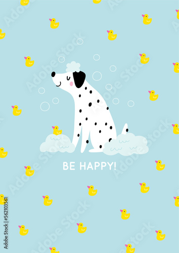 Cute cartoon dog Happy Grooming. Pet washing service flat vector illustration. Happy bathing pet 
