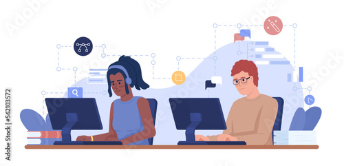 Graphic design agency 2D vector isolated illustration. Graphic designers working side by side flat characters on cartoon background. Colorful editable scene for mobile, website, presentation