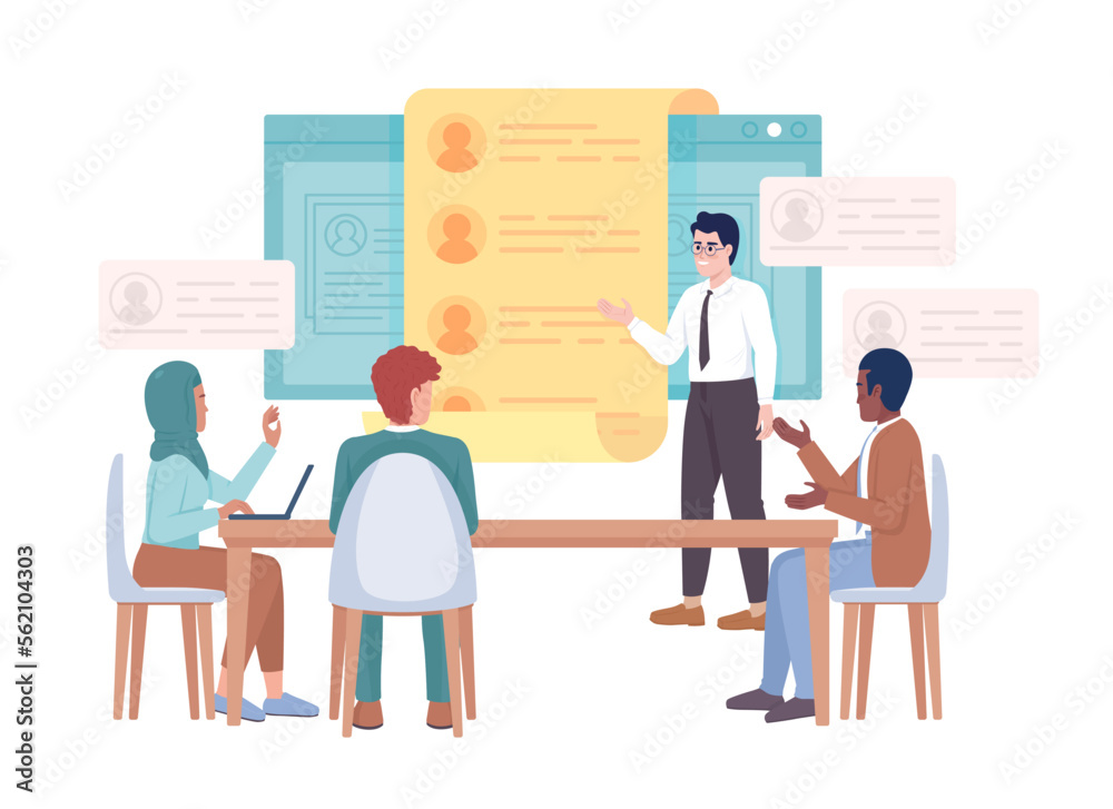 Sharing applicants resumes with coworkers semi flat color vector characters. Editable concept. Full body people on white. Simple cartoon style illustration for web graphic design and animation