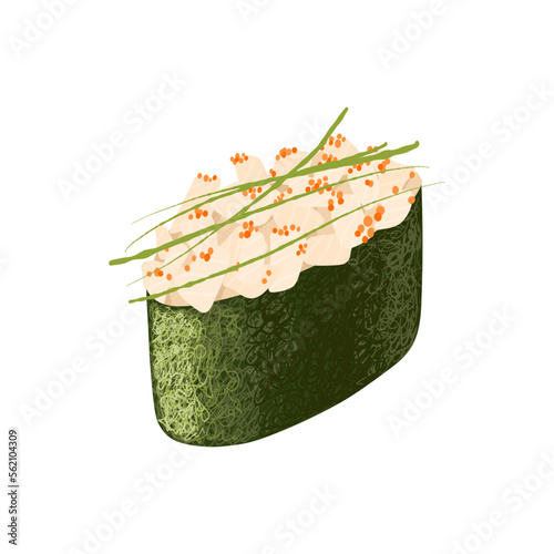 Japanese gunkan with a scallop with masago caviar and rice wrapped in nori seaweed. Vector clipart