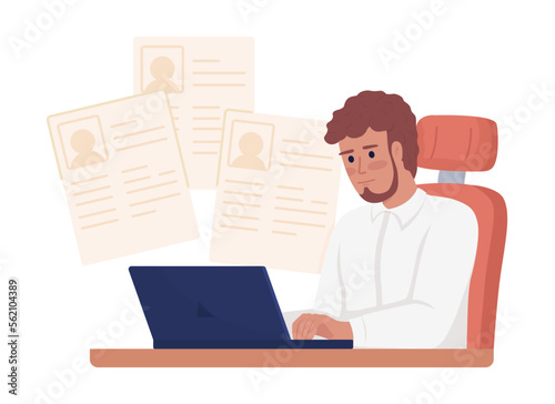 Human resources manager evaluating resumes semi flat color vector character. Editable figure. Half body person on white. Simple cartoon style illustration for web graphic design and animation