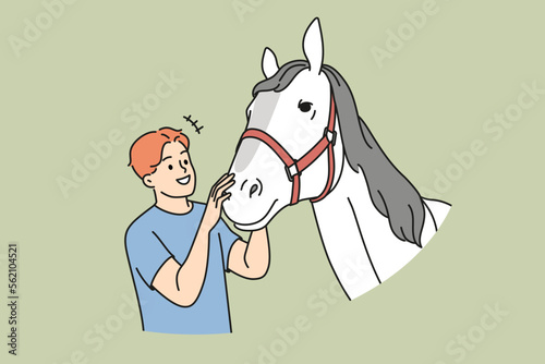 Smiling young man caress white horse at farm. Happy male farmer enjoy time with mare. Domestic animals and farming. Vector illustration. 