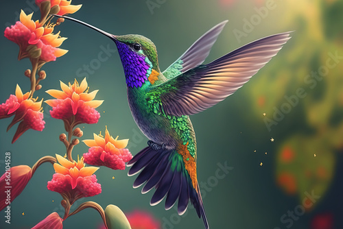 Leinwand Poster Hummingbird and flowers. Generative AI.