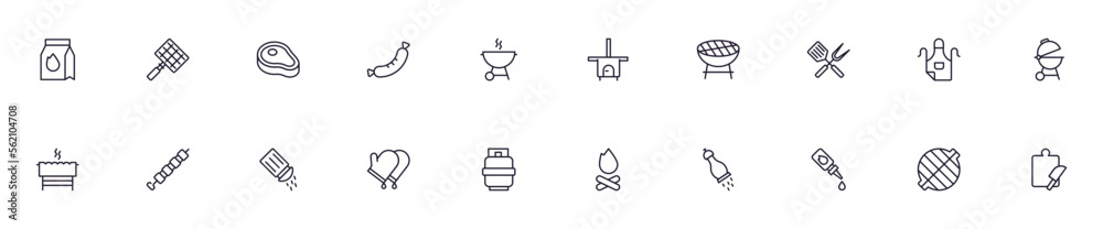 BBQ concept. Collection of modern high quality bbq line icons. Editable stroke. Premium linear symbol for web sites, flyers, banners, online shops and companies.