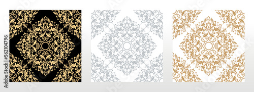 Wallpapers in the style of Baroque. Seamless vector backgrounds. Set of colored floral ornaments. Graphic patterns for fabric, wallpaper, packaging. Ornate Damask flower ornaments