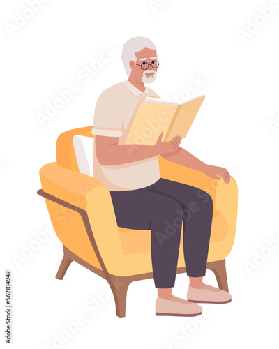 Senior man with book sitting in armchair semi flat color vector character. Editable figure. Full body person on white. Simple cartoon style illustration for web graphic design and animation