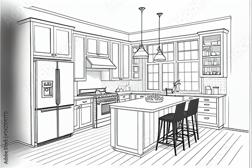 Black and white sketch of a kitchen, architecture and decoration project, generative AI
