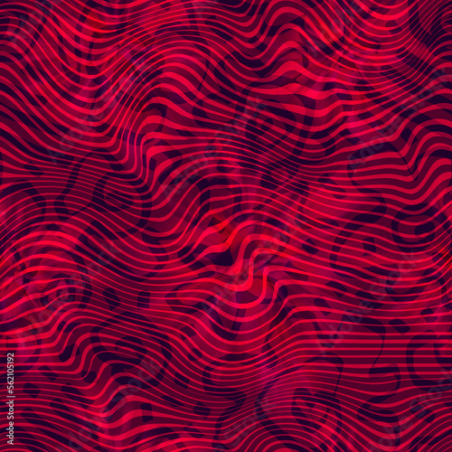 Abstract red background with curved lines and doodle flowers. Seamless pattern.