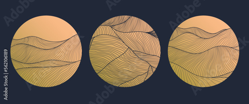 Vector abstract circle linear logos, golden japanese style. Waves luxury badge, mountains, desert, water or desert landscape. Emblem for for a travel, tourism, perfume, spa, organic products package.