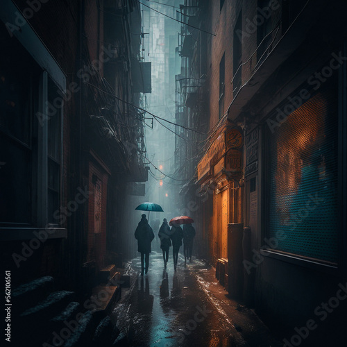 People walking under the rain in a street downtown at night made with generative AI