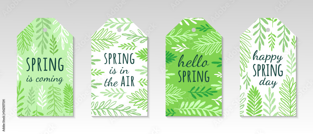 Hello, happy, spring is coming tag set. Floral ornamental blanks with textured leaves and branches pattern. Brochure design shades of green. EPS 10 vector illustration.