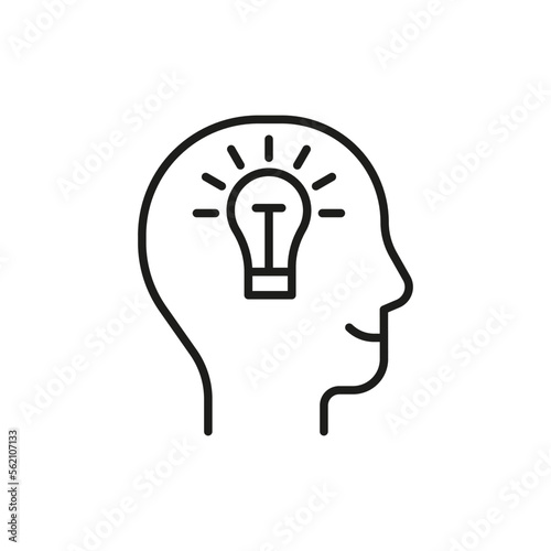 Head profile with think idea mind, line icon. Face with lightbulb. smart idea lamp symbol. Control of mind, positive thinking and inspiration, psychology. Vector