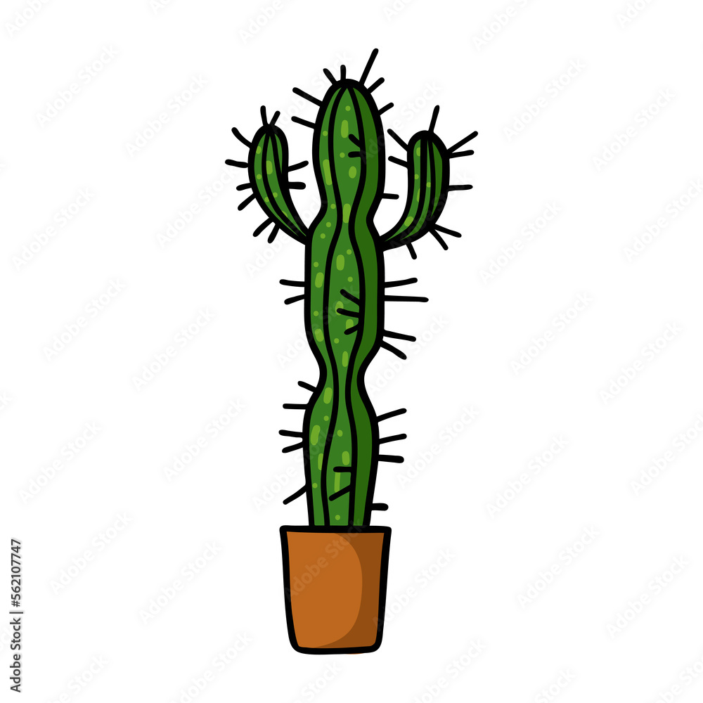 Fototapeta premium Hand drawn cactus in the pot isolated on white background.