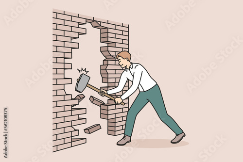 Young businessman with hammer crashing wall strive for business achievement or accomplishment. Determined male employee break brick wall. Vector illustration. 