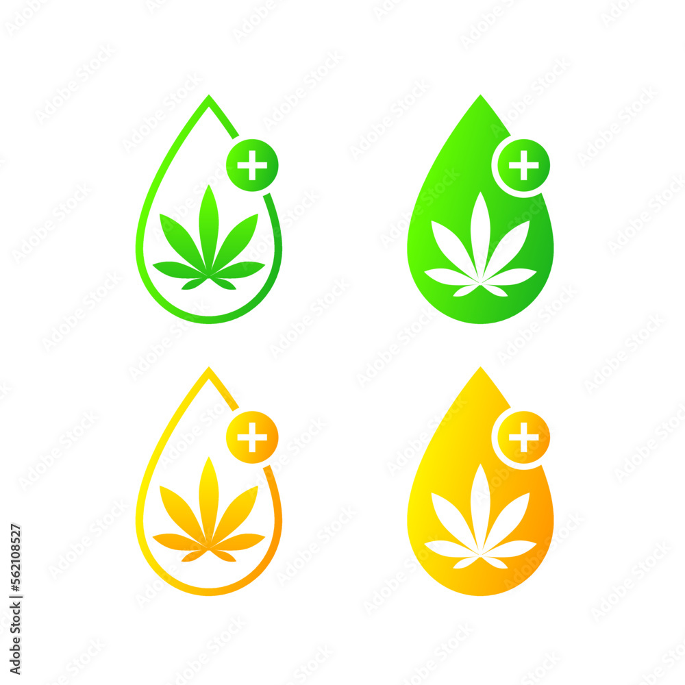 Cannabis plant extract, hemp leaf oil serum as icon or logo concept. Drop with golden and green color. Cross as health and medicine symbol.