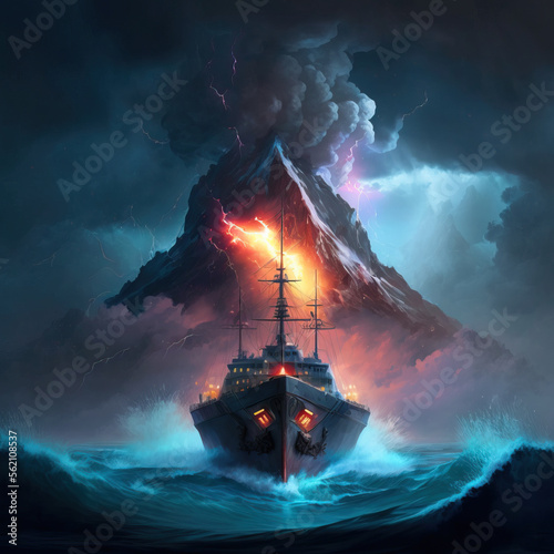 Vulkanexplosion mit Schiff, ai generated photo