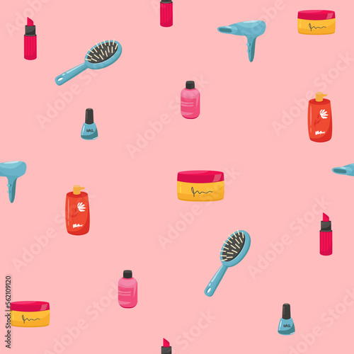 Makeup seamless pattern. Illustrations of different cosmetics. Lipstick and pomade glamour vector background,