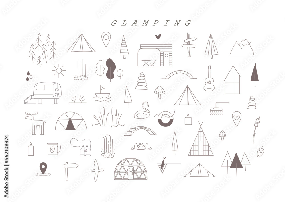 Big easily changed line glamping illustrations set for create template design Big easily changed line glamping illustrations set for create template design