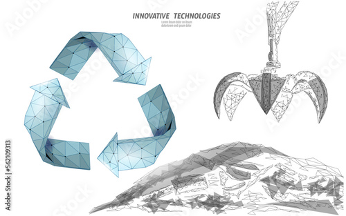 3d Waste crane arm claw. Low poly polygonal garbage landfill industrial eco banner. Planet global pollution grabber ecology vector illustration