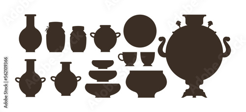 Brown silhouettes of vintage crockery vector illustrations set. Cartoon black or brown drawings of cups, jars, jugs and samovar on white background. Crockery, countryside, tableware concept