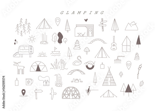 Big easily changed line glamping illustrations set for create template design