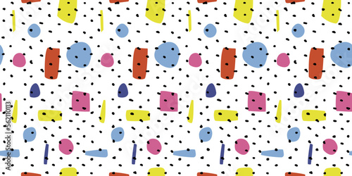 Wallpaper Mural Pattern is abstract and casual. Colored elements on the background and black polka dots. Hand drawn casual and funny simple pattern or wallpaper. Torontodigital.ca