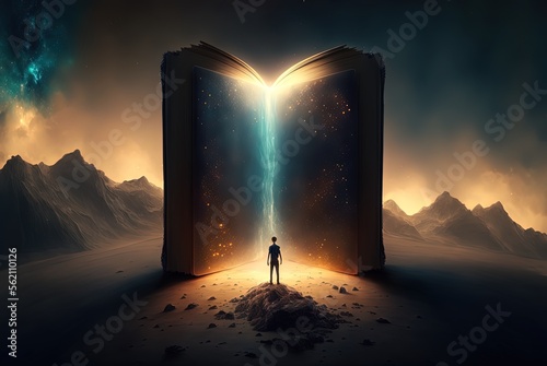 a boy stand on a giant book opened on ground with fairytale nature pop out from paper page, idea for imagination of childhood theme background wallpaper Generative Ai photo