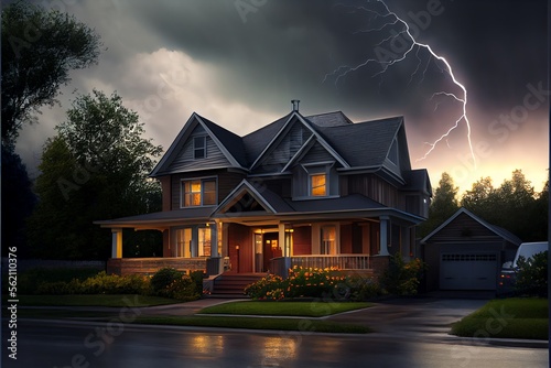 Papier peint Lighting storm over a suburban house. Generative AI