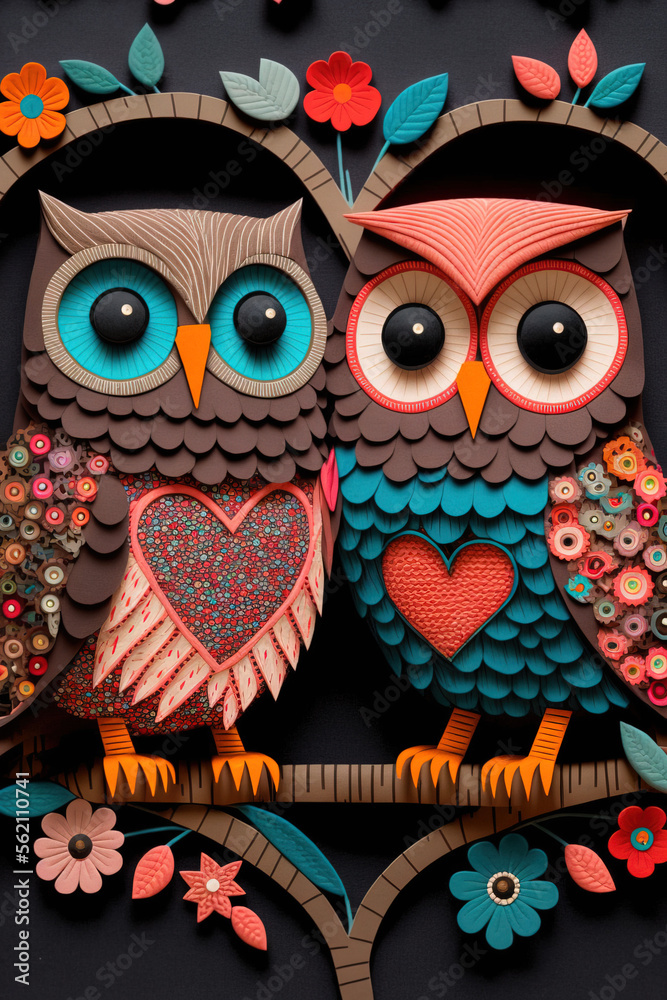 A vivid, colorful owls hug each other, a symbol of love. Dark, creative, animal concept. Valentine's Day, a small owl couple in a pet relationship. Illustration. Generative AI.