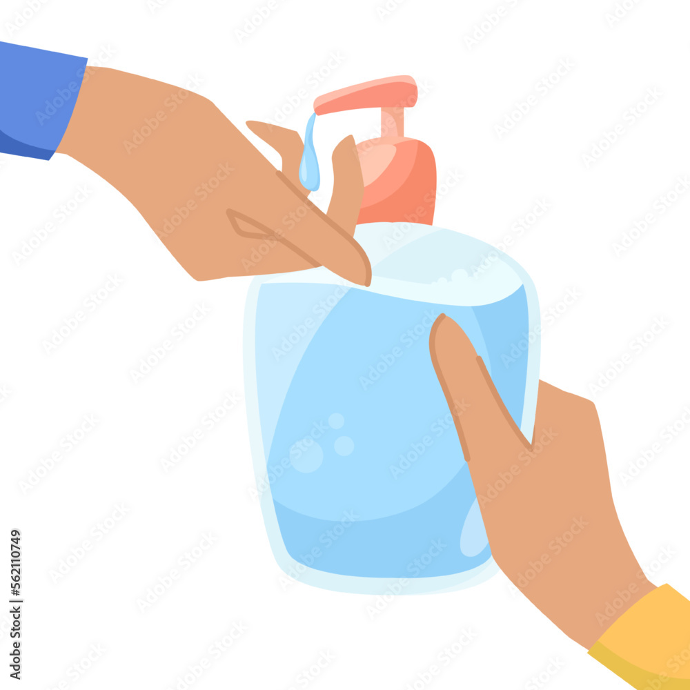 Hands using sanitizer or liquid soap vector illustration. Cartoon drawing of hands of people with plastic bottle of antiseptic, lotion or gel on white background. Hygiene, cosmetology concept Hands using sanitizer or liquid soap vector illustration. Cartoon drawing of hands of people with plastic bottle of antiseptic, lotion or gel on white background. Hygiene, cosmetology concept