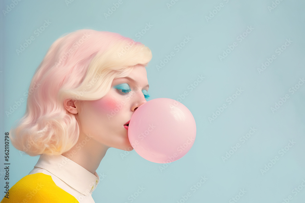Illustrated portrait of a young blonde girl chewing pink gum and making bubble gum balloons. Fashion makeup and short hair style. Illustration. Generative AI. - obrazy, fototapety, plakaty 
