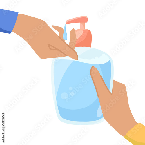 Hands using sanitizer or liquid soap vector illustration. Cartoon drawing of hands of people with plastic bottle of antiseptic, lotion or gel on white background. Hygiene, cosmetology concept