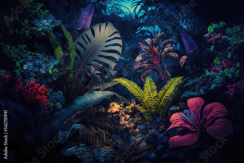Tropical jungle landscape with fresh plants, leaves and flowers. Beautiful forest, Summer botanical garden on sunny day. Illustration. Generative AI.