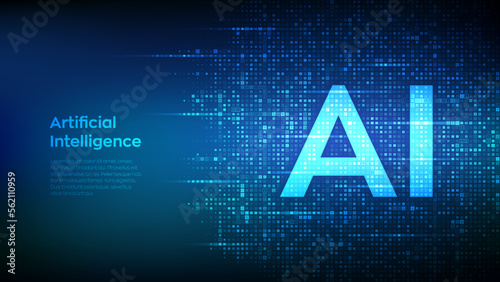 AI. Artificial intelligence. Letters AI made with binary code. Machine learning technology. Binary data and streaming digital code background. Matrix background with digits 1.0. Vector illustration.