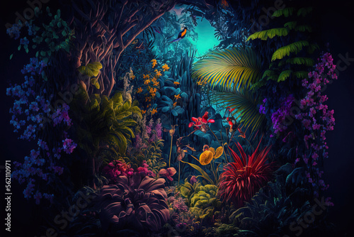 Tropical jungle landscape with fresh plants, leaves and flowers. Beautiful forest, Summer botanical garden on sunny day. Illustration. Generative AI. © Uncanny Valley