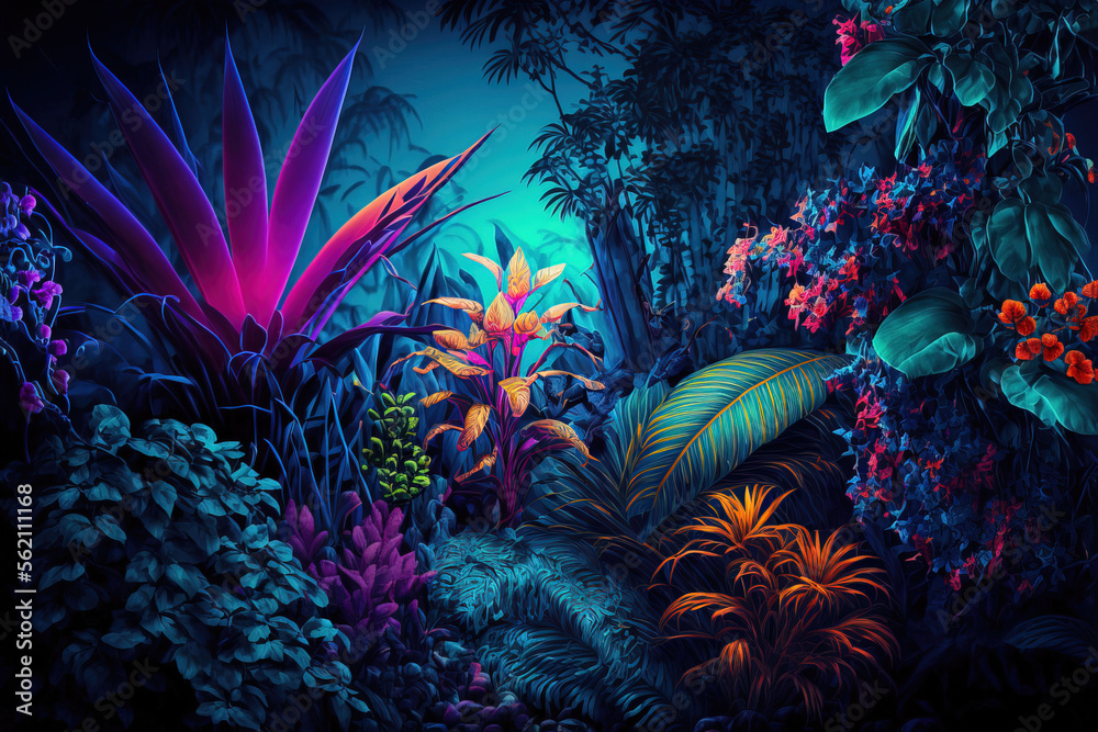 Tropical jungle landscape with fresh plants, leaves and flowers. Beautiful forest, Summer botanical garden on sunny day. Illustration. Generative AI.