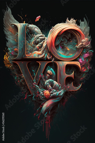 Text love title with elegant, golden font letters. Illustrated ornaments and calligraphy. Black background. Illustration. Generative AI.