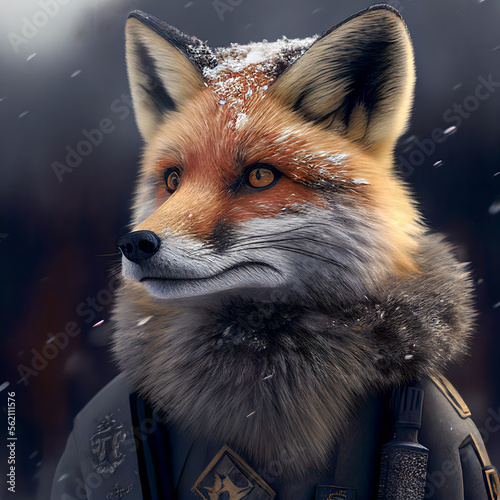 The character is a fox in the cyberpunk style in winter.