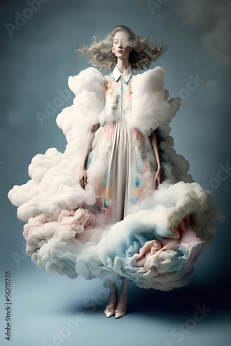 Fototapeta Young beautiful girl standing and posing in thick cloud costume