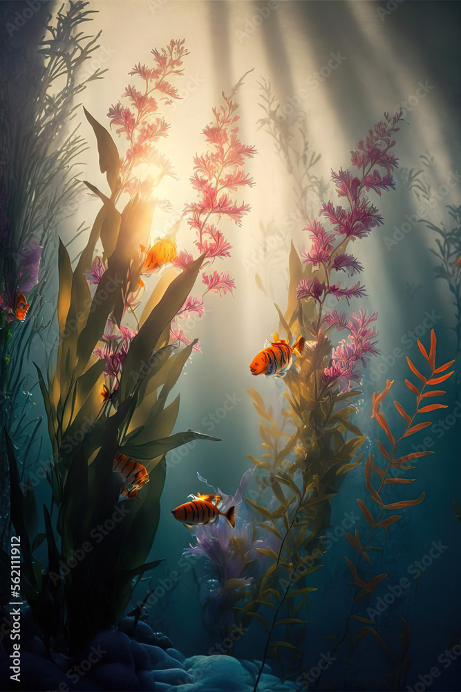 Underwater creative love concept of fresh Spring flowers in water background. Love is in the water, happy Valentine's Day. Illustration. Generative AI.