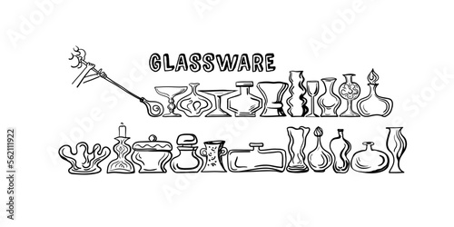 
 Glassware  doodles set. Vases, decanters, candlestick and glass blower.  Freehand vector drawing isolated on white background