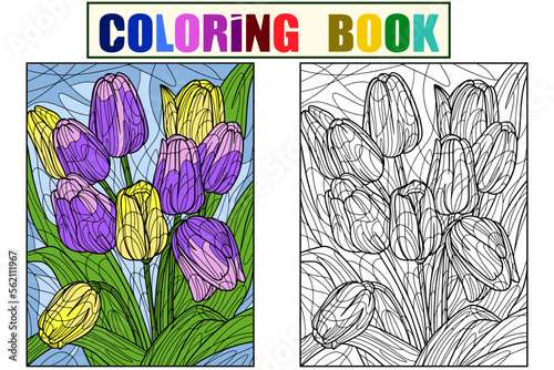 Flowers tulips example. Set Color and coloring book antistress and adults. Zen-tangle style.