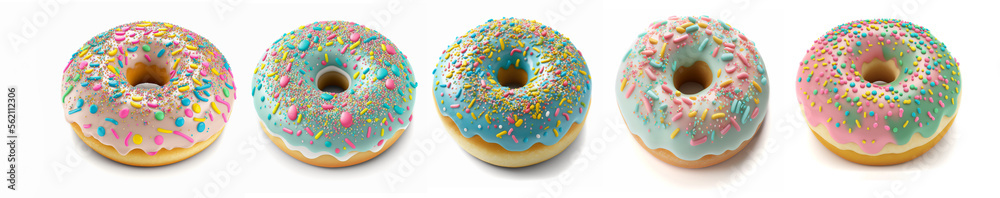 Five donuts glazed with sprinkles isolated on white background, AI generative 