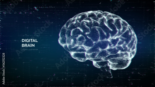 Brain. Abstract digital human brain in a distorted glitch style. Neural network. IQ testing, artificial intelligence virtual emulation technology concept. Brainstorm think idea. Vector illustration.