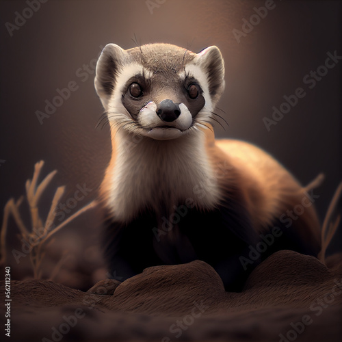 Black footed ferret (Mustela nigripes), also known as the American polecat or prairie dog hunter. Species of mustelid native to central North America. photo